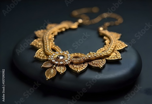 an ornate gold necklace placed on a smooth black stone, the intricate details of the necklace visible against the dark backdrop create with ai