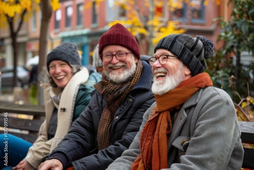 Portrait of three senior people sitting on a bench in the city