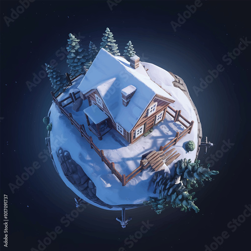 An house on a snowy hill and small planet, Medieval Building With a moon behind