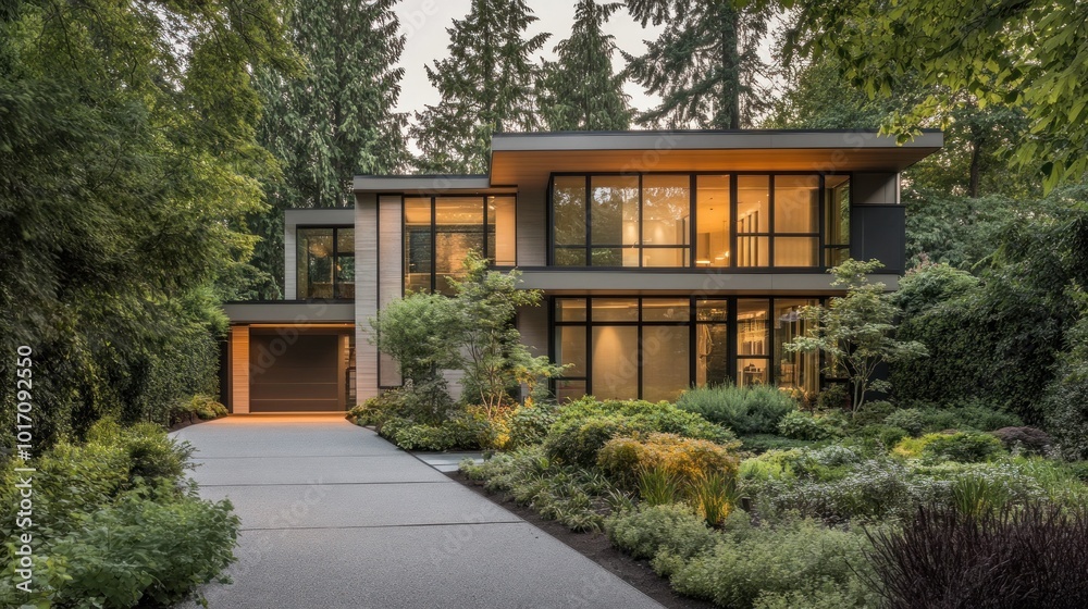 Modern house with large windows, surrounded by lush greenery and a well-maintained garden. Modern house with large windows, surrounded by lush greenery and a well-maintained garden.