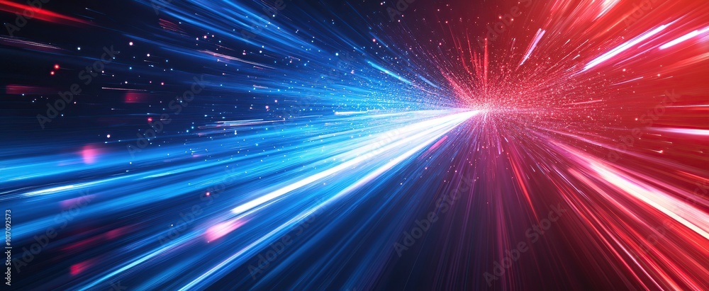 Fototapeta premium Abstract Red and Blue Light Streaks Converging in a Dark Background