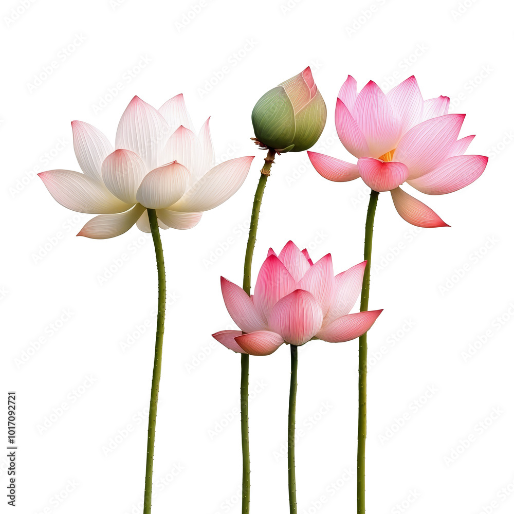Fototapeta premium Elegant lotus flowers and lush green leaves on a Png background, exuding tranquility and beauty, lotus flowers isolated on Png background