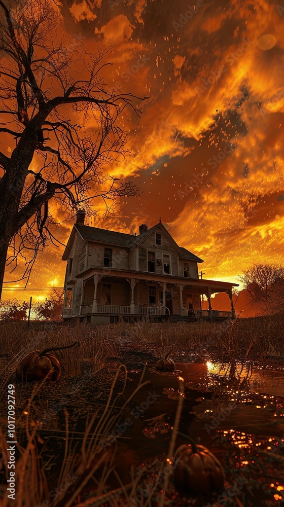 Fototapeta premium A haunted house in the middle of nowhere, surrounded by pumpkins and a...