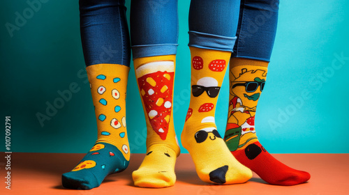 Socks designed with funny food patterns, like pizza slices doing a conga line or tacos wearing sunglasses.  photo