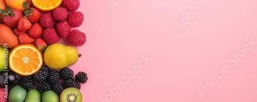 Seasonal fruits illuminated by soft pastel lighting, arranged in sleek