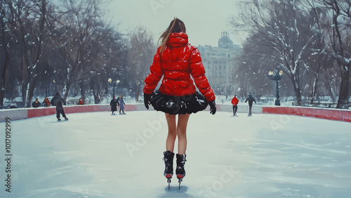 Beautiful Girl in Bright Red Puffy Jacket Black Puffy Short Skirt Skates on Rink City Park Oil Painting on Canvas Featuring Winter Wonderland Landscape Skating Activity