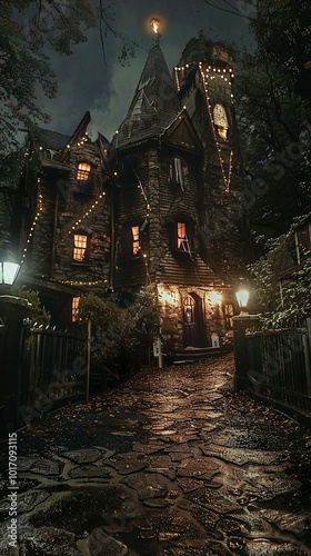 A haunted house with ominous lights, nestled in the heart of New England's... photo