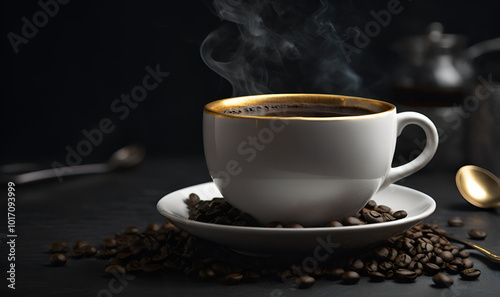 Minimalistic HDR scene: cup of coffee, on dark background