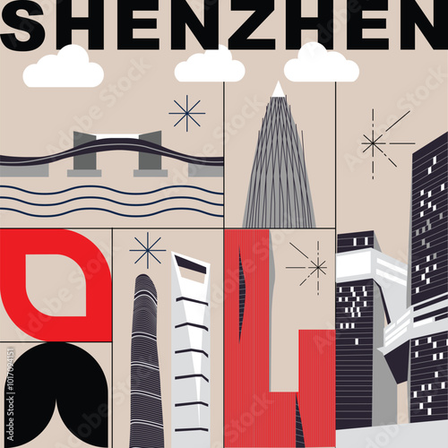 Typography word Shenzhen branding technology concept. Collection of flat vector web icons. Chinese culture travel set, architectures, specialties detailed silhouette. Doodle China famous landmarks.