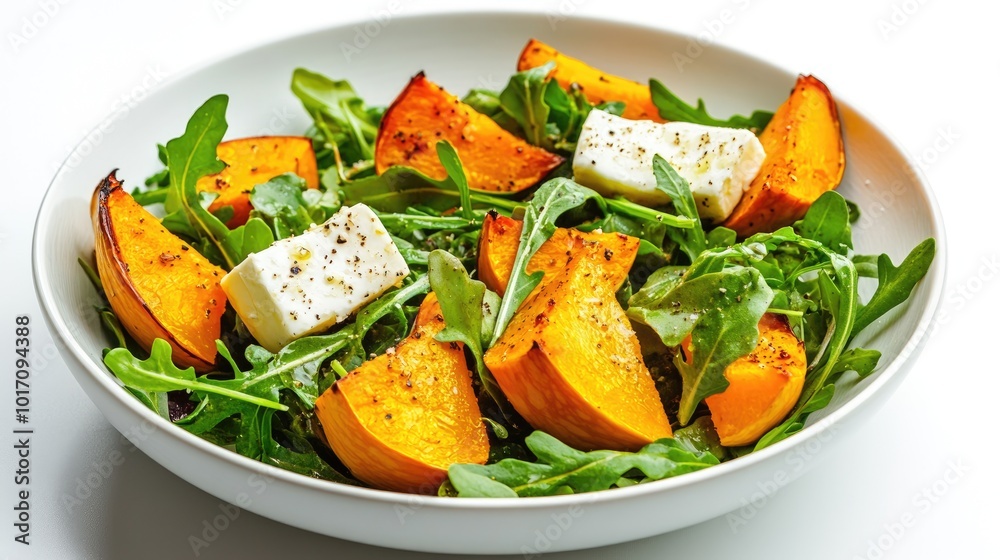 arugula salad with baked pumpkin and brie cheese on white background arugula salad with baked pumpkin and brie cheese on white background