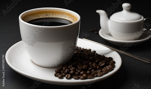 Cup with hot black coffee, contrasting dark background, minimalism.