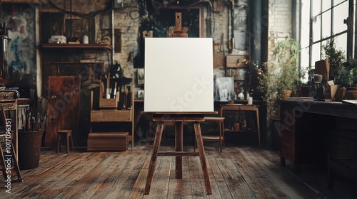 Empty canvas on easel in a rustic art studio, ideal for creative projects.