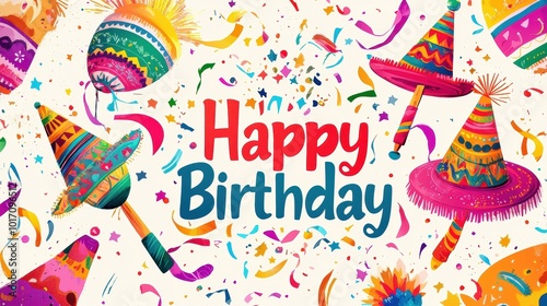 Festive Birthday Card with Fiesta Theme: Vibrant Colors, Maracas, Sombreros, and Piñata Design