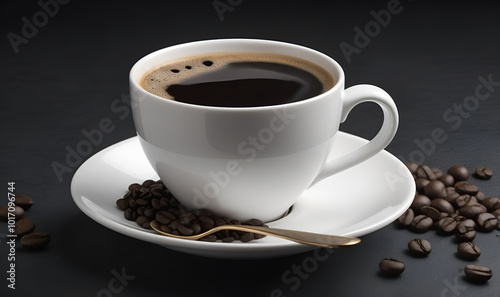 Cup with hot black coffee, contrasting dark background, minimalism.