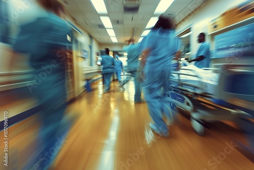 Blurred figures of people with medical uniforms in hospital corridor 