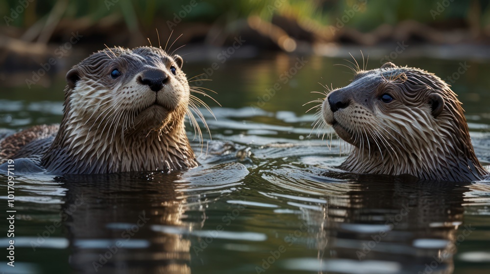 Two playful otters with curious expressions, swimming in a calm, natural pond with green reeds in the background. Two playful otters with curious expressions, swimming in a calm, natural pond with green reeds in the background.