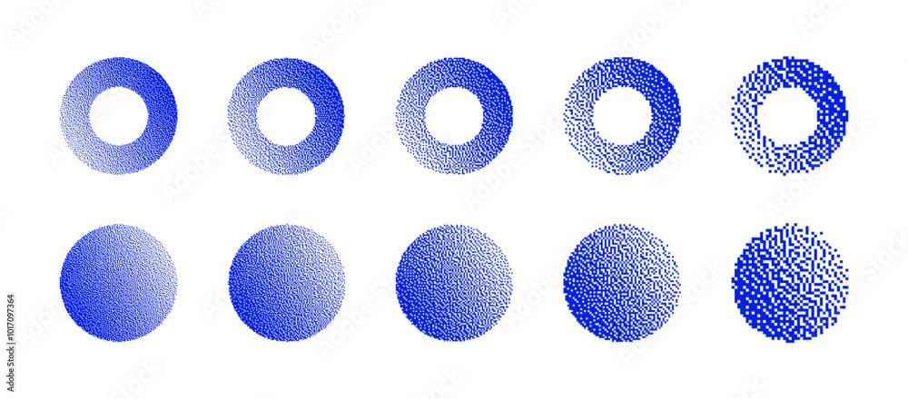 Fototapeta premium Blue Circles With Various Resolution of Bitmap Dither Gradient Vector Set Isolated On White Background. Retro 8 Bit Pixel Art Graphics Style Round Shapes Different Textures Design Elements Collection