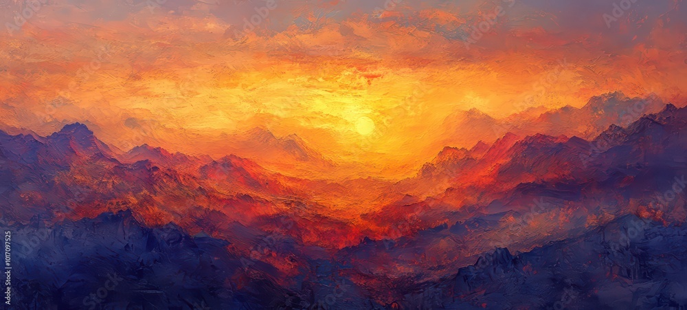 Naklejka premium A richly textured, hand-painted illustration of a desert landscape at sunset, with warm orange and red tones blending with soft purples and blues to create a mesmerizing scene