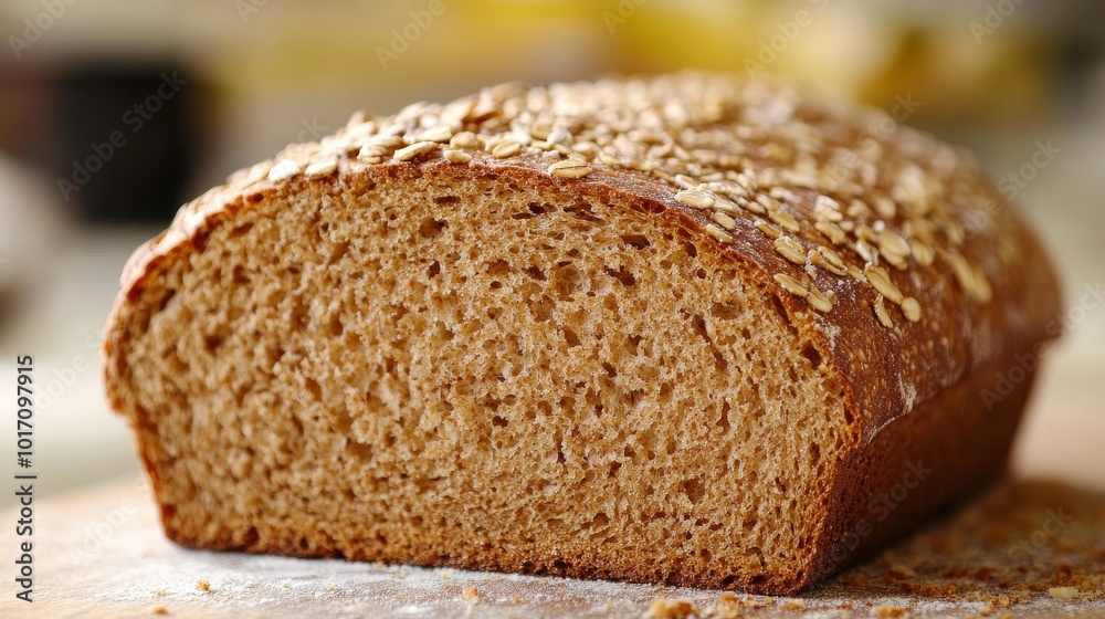 A close-up shot shows the textured surface of a whole wheat bread loaf. The focus is on the bread, with the background blurred. You can see individual slices of the bread. A close-up shot shows the textured surface of a whole wheat bread loaf. The focus is on the bread, with the background blurred. You can see individual slices of the bread.