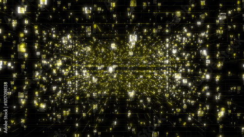 Social network as a stream of unrecognizable portraits moving along yellow data connections. Business, communications or social media motion background. 3D rendering video