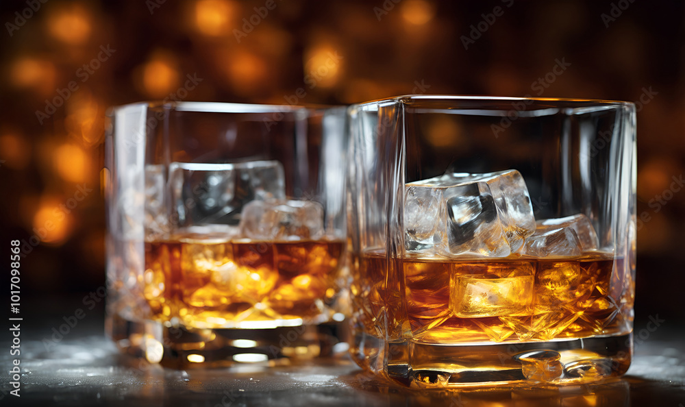 Bright contrast of whiskey and ice, blurring lights in romantic background Bright contrast of whiskey and ice, blurring lights in romantic background