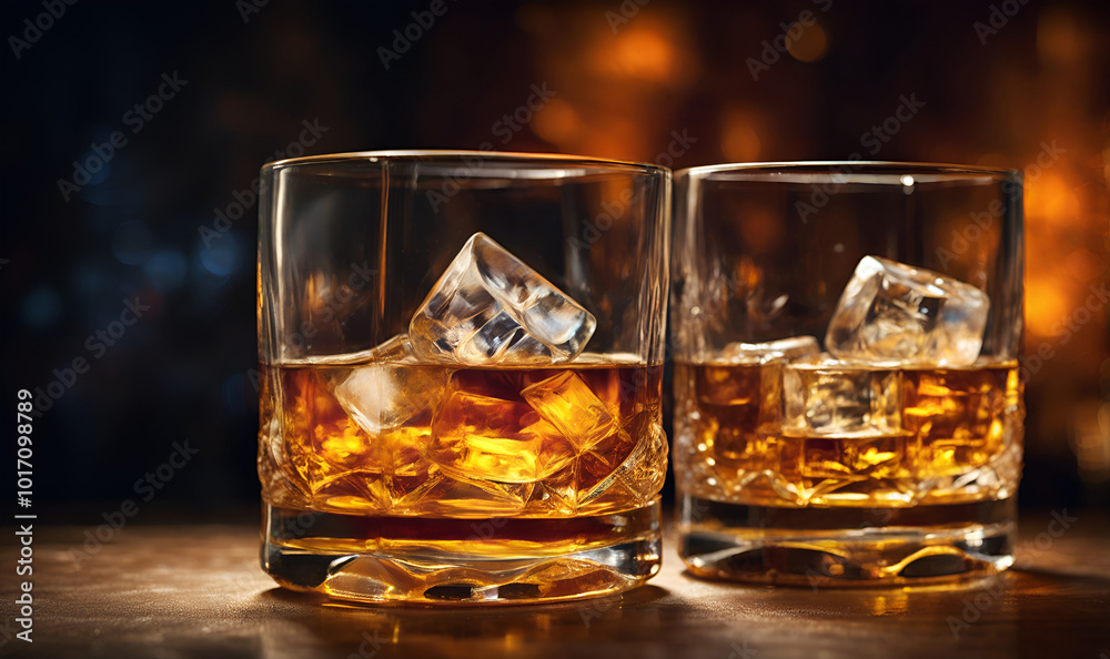 Bright contrast of whiskey and ice, blurring lights in romantic background Bright contrast of whiskey and ice, blurring lights in romantic background