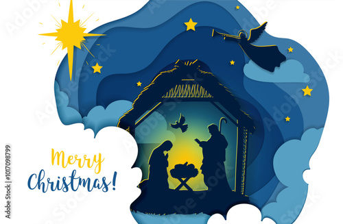 Holy Family Birth of Christ 3d paper cut. Baby Jesus in the manger. Three wise kings and star of Bethlehem - east comet. Nativity Christmas graphics design, vector illustration.