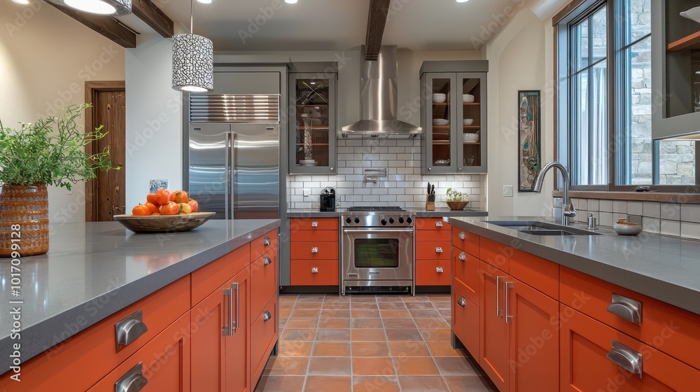 Fototapeta premium A kitchen with burnt orange cabinets, slate gray countertops, chrome fixtures, and terracotta tile flooring