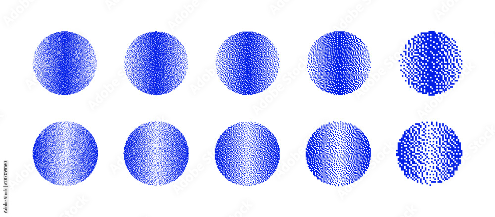 Fototapeta premium Blue Circles With Different Resolution of Bitmap Dither Gradient Vector Set Isolated On White Background. Retro 8 Bit Pixel Art Graphics Style Round Shapes Various Textures Design Elements Collection