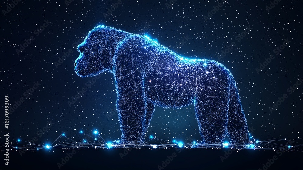 An image showcasing a star-aligned gorilla silhouette crafted with a futuristic woven pattern, blending artistry with celestial wonder to evoke contemplation and modernity.
