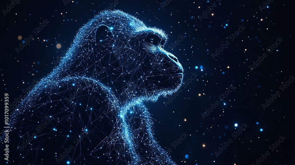 A detailed silhouette of an ape is beautifully interwoven with cosmic line patterns against a starry backdrop, symbolizing the unity of nature and cosmic imagination. A detailed silhouette of an ape is beautifully interwoven with cosmic line patterns against a starry backdrop, symbolizing the unity of nature and cosmic imagination.
