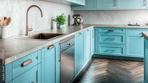 Chic kitchen with aqua cabinets, desert sand quartz countertops, pewter sink faucet, and herringbone parquet flooring