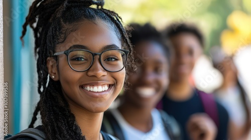 Candid portrait of happy Black college students on campus.