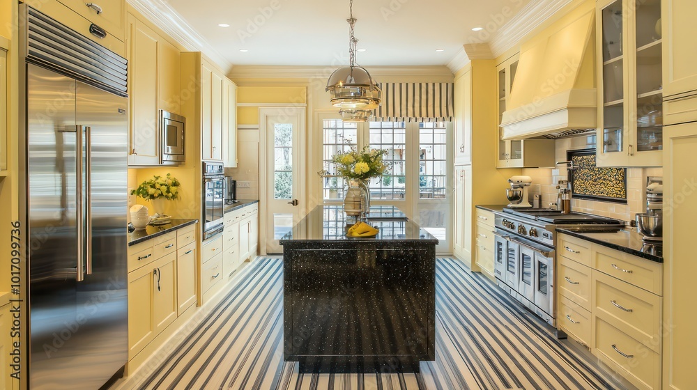 Contemporary kitchen with butter yellow cabinets, eclipse black granite island, silver fixtures, and striped wood flooring Contemporary kitchen with butter yellow cabinets, eclipse black granite island, silver fixtures, and striped wood flooring