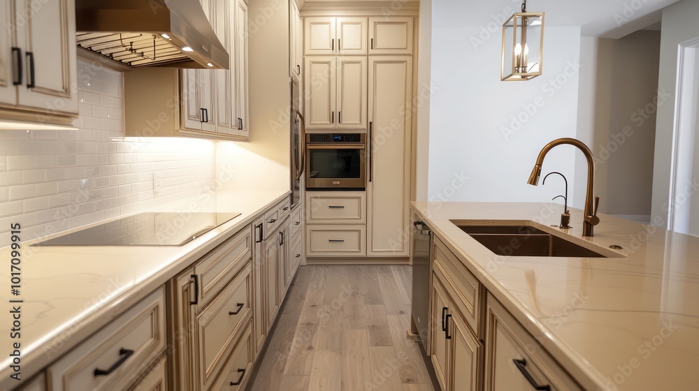 Contemporary kitchen with cream cabinets, espresso quartz countertops, bronze sink faucet, and golden oak wood flooring Contemporary kitchen with cream cabinets, espresso quartz countertops, bronze sink faucet, and golden oak wood flooring