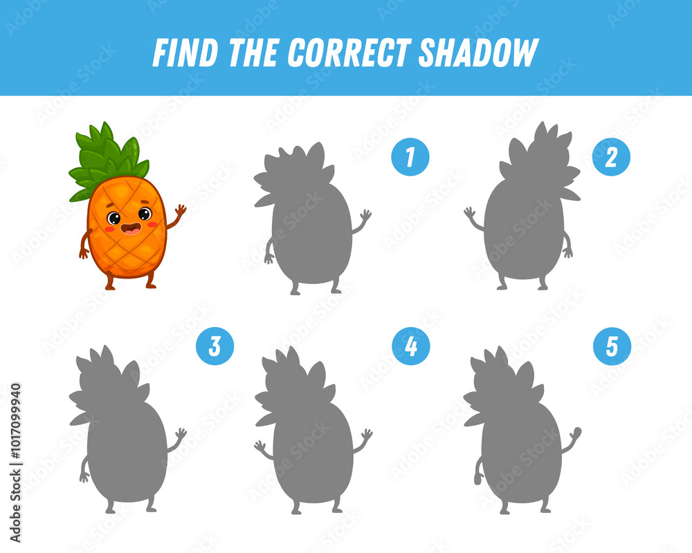 Obraz premium Find correct shadow of cute pineapple. Educational logical game for children. Funny fruit. Cartoon pineapple character. 