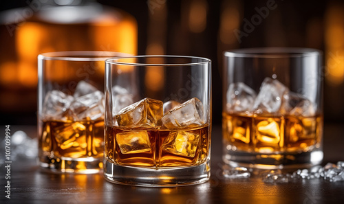 Whiskey glasses, soft lights, intense cinematic effect