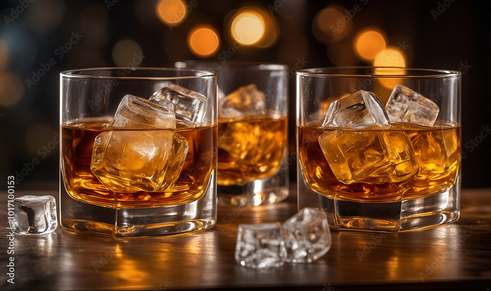 Whiskey glasses, soft lights, intense cinematic effect Whiskey glasses, soft lights, intense cinematic effect