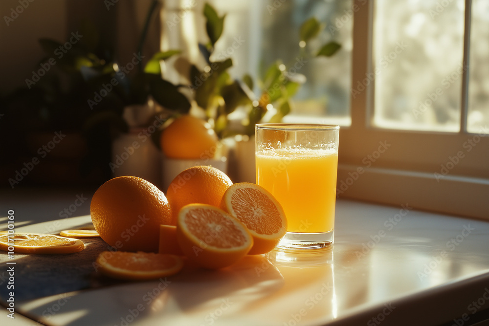 Naklejka premium A glass of freshly squeezed orange juice by the window