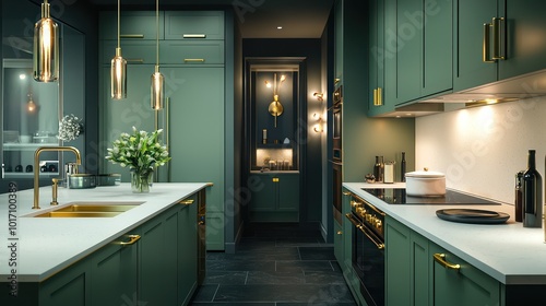 Contemporary kitchen with sage green cabinets, moon white quartz countertops, gold fixtures, and dark slate flooring