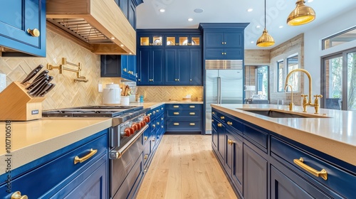 Elegant kitchen with cobalt blue cabinets, tan quartz countertops, brushed gold fixtures, and maple wood flooring