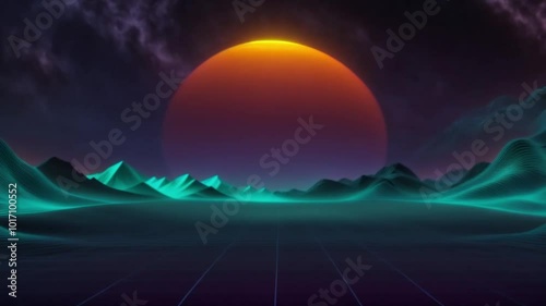 80s retro futuristic sci-fi seamless loop. Retrowave VJ videogame landscape, neon lights and low poly terrain grid. Stylized vintage vaporwave 3D animation background with mountains, sun and stars