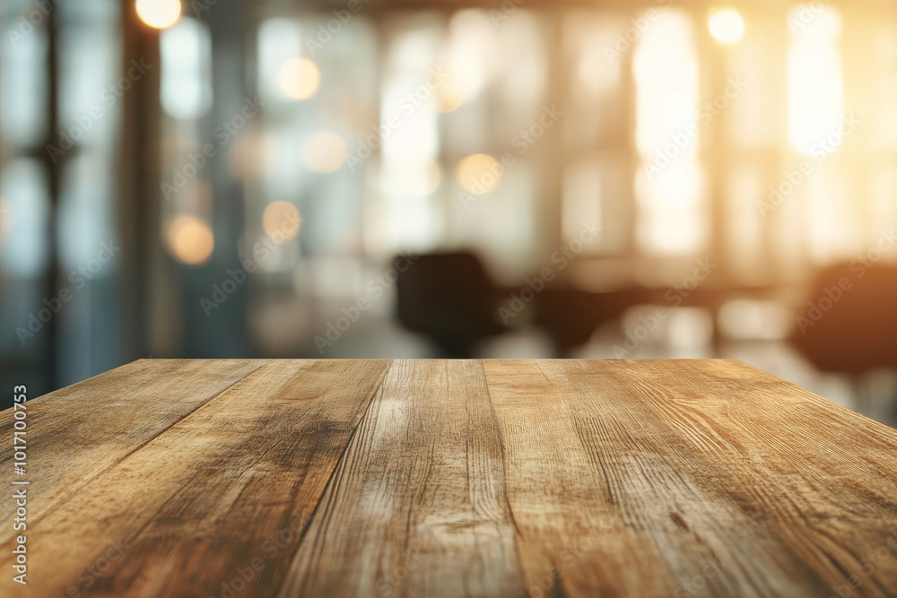 Wooden table in a modern office space, illuminated by soft sunlight, with a blurred background. Wooden table in a modern office space, illuminated by soft sunlight, with a blurred background.