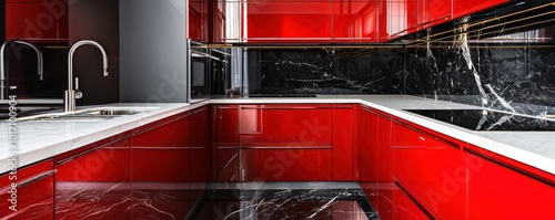 Luxurious kitchen with cardinal red cabinets, pearl white quartz countertops, silver sink faucet, and black marble flooring