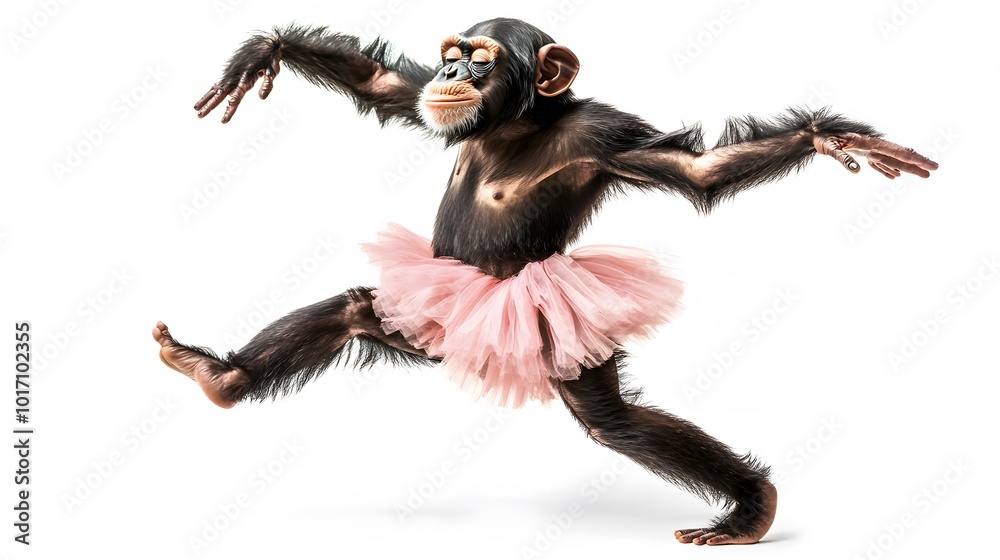 Chimpanzee Monkey in Skirt Dancing Ballet, White Background, Wallpaper, Cover and Screen for Smartphone, PC, Laptop, 9:16 and 16:9 Format Chimpanzee Monkey in Skirt Dancing Ballet, White Background, Wallpaper, Cover and Screen for Smartphone, PC, Laptop, 9:16 and 16:9 Format