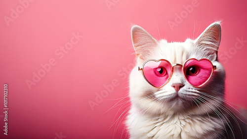 Valentines Day web. banner with funny cat in heart glasses. Copy space