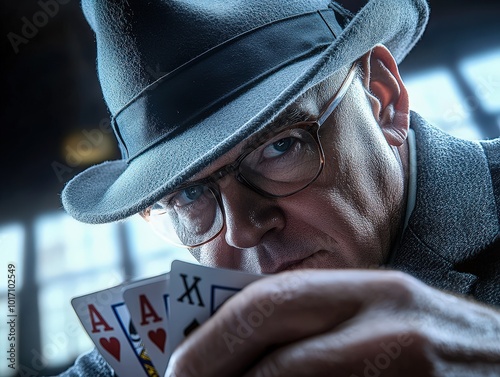 A dapper man, dressed in classic attire and a hat, holds a set of cards with a piercing stare, presenting a composed and intense expression. photo