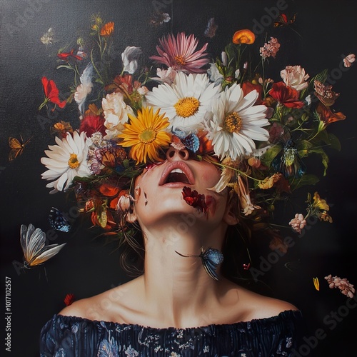 Surreal Portrait of a Woman with Flowers and Butterflies
