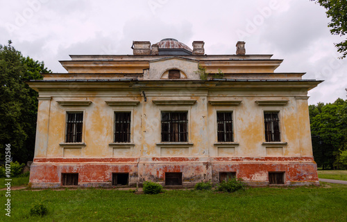 The ruins of the Tolstoy estate in Belarus on a cloudy summer day photo