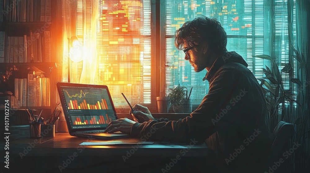 Businessman analyzing financial data on a laptop in a cozy study Businessman analyzing financial data on a laptop in a cozy study